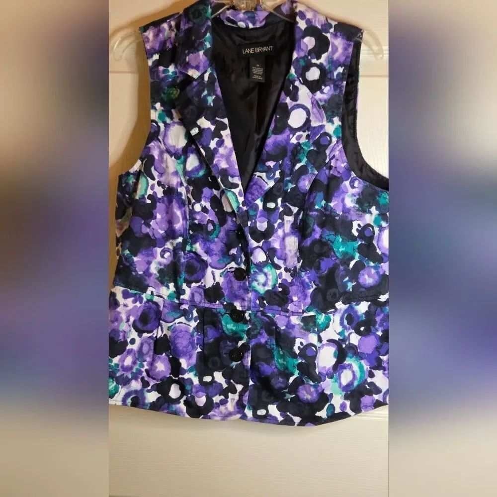 Lane Bryant 16 Purple Abstract Floral Cotton Blend Lined Buttons Up Women's Vest
